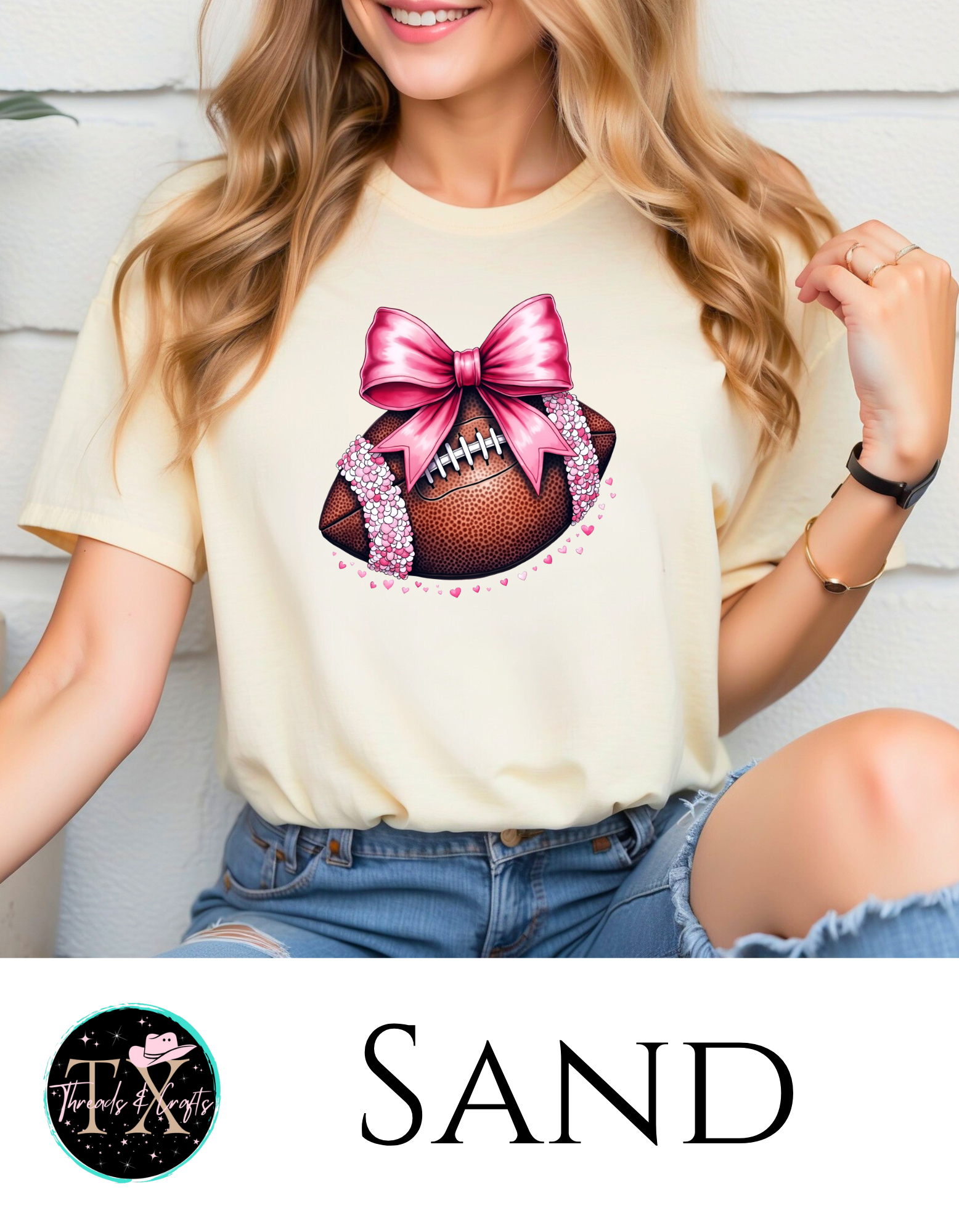 Pink Sequin Bow w/hearts football unisex tee - TX Threads & Crafts