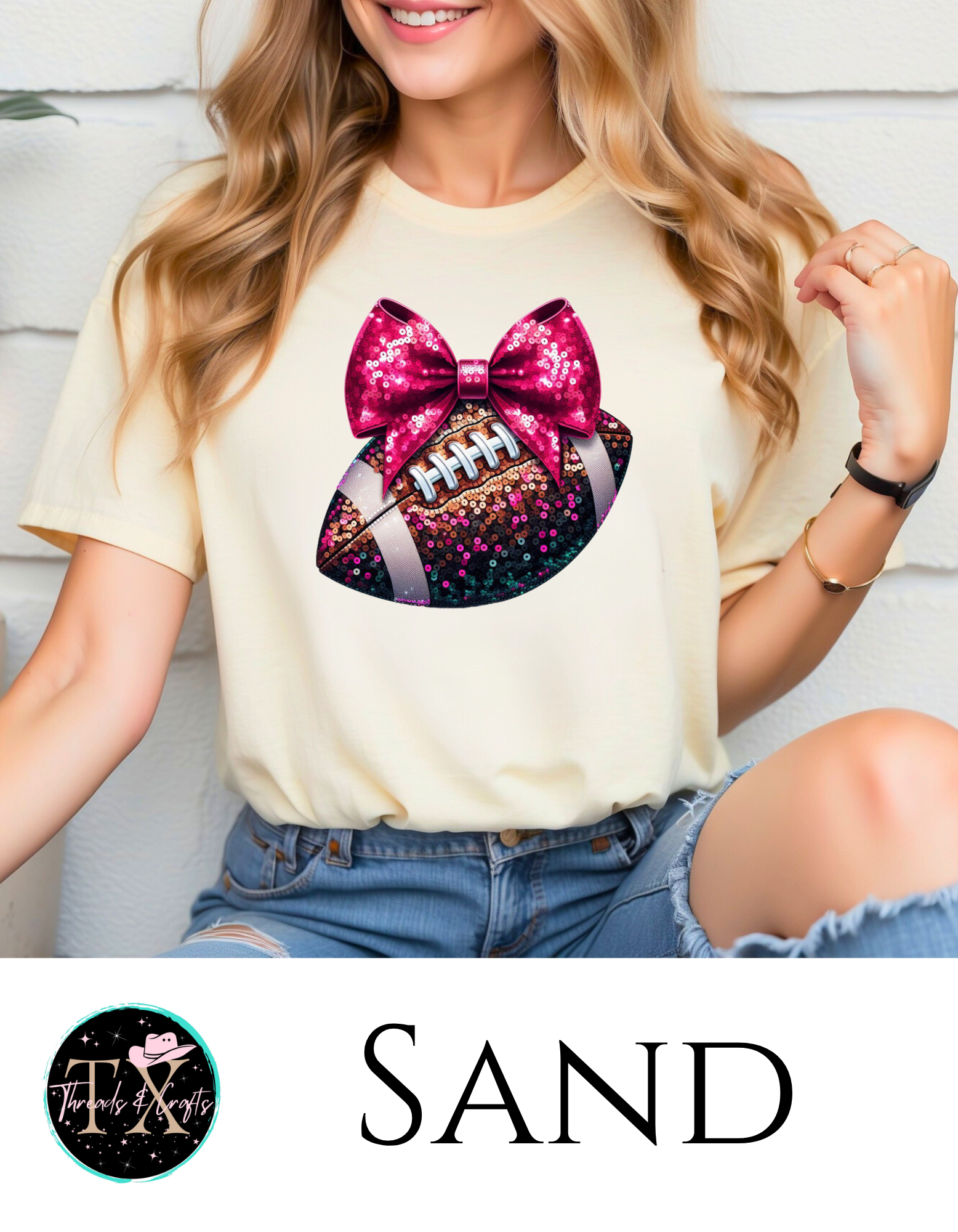 Hot Pink Sequin Bow and Football unisex tee - TX Threads & Crafts