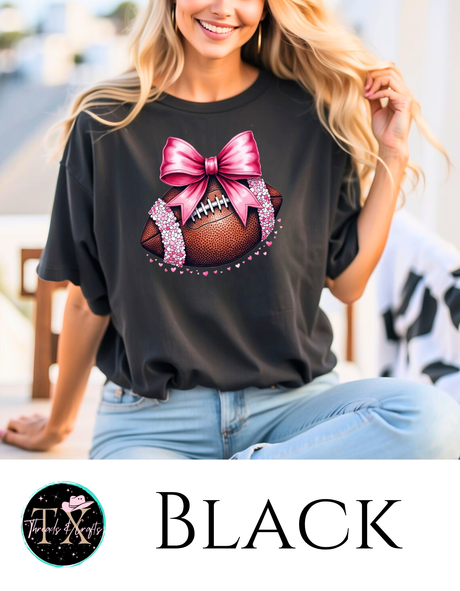 Pink Sequin Bow w/hearts football unisex tee - TX Threads & Crafts