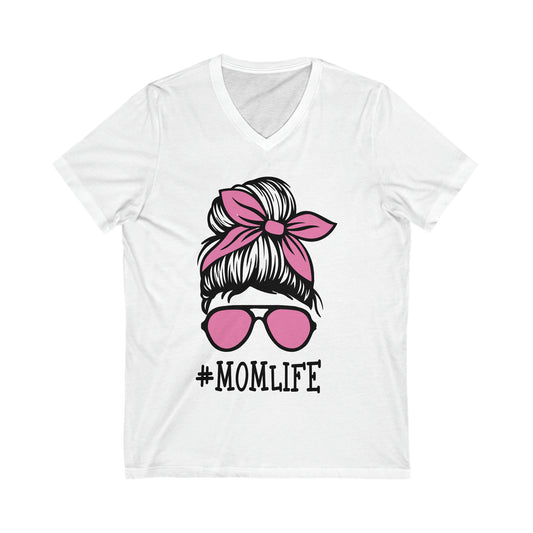 Pink Messy Bun momlife Unisex Jersey Short Sleeve V-Neck Tee - TX Threads & Crafts