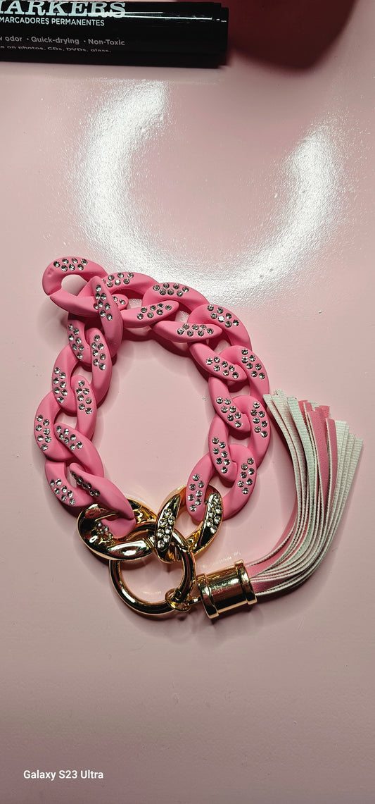 Hot pink chain keychain wristlet (does not stretch w/tassel) - TX Threads & Crafts