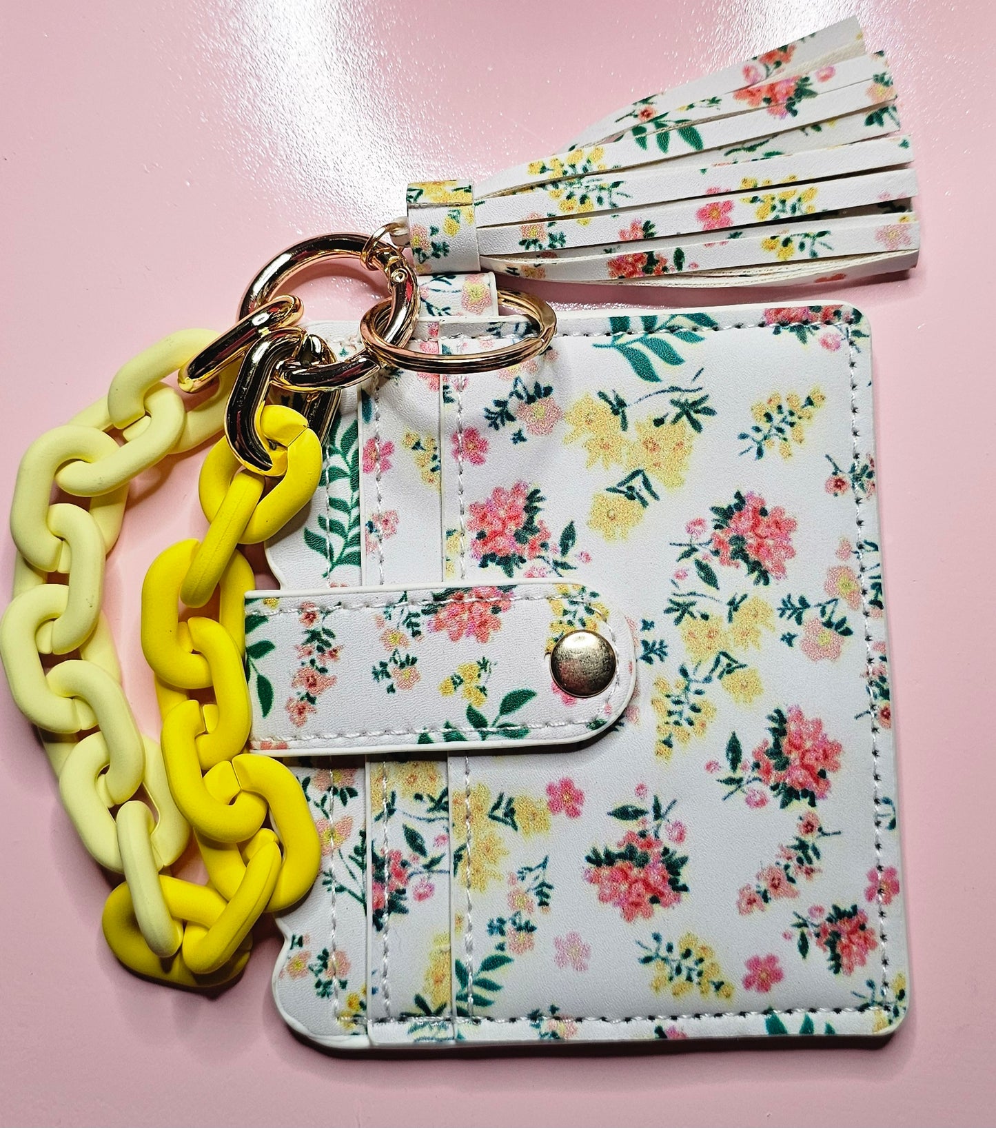 Yellow/Flower wallet and chain wristlet keychain (does not stretch) - TX Threads & Crafts