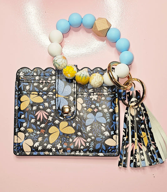 Blue/Flower and Butterflies wallet and silicone wristlet keychain (stretch cord)