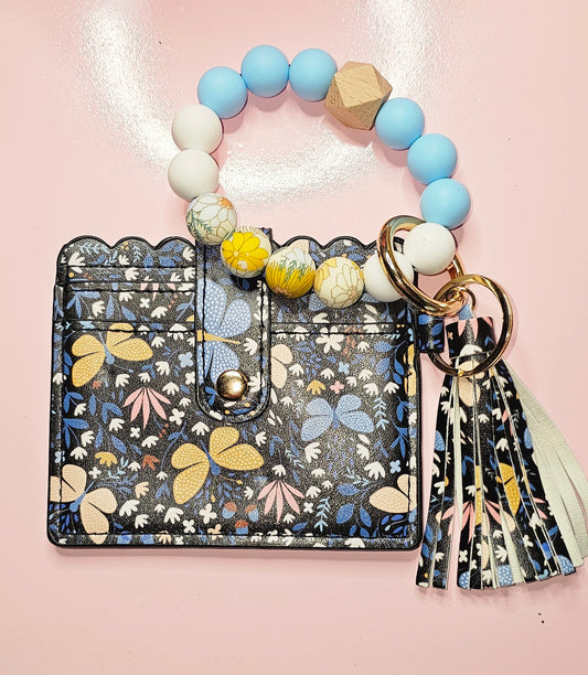 Blue/Flower and Butterflies wallet and silicone wristlet keychain (stretch cord) - TX Threads & Crafts