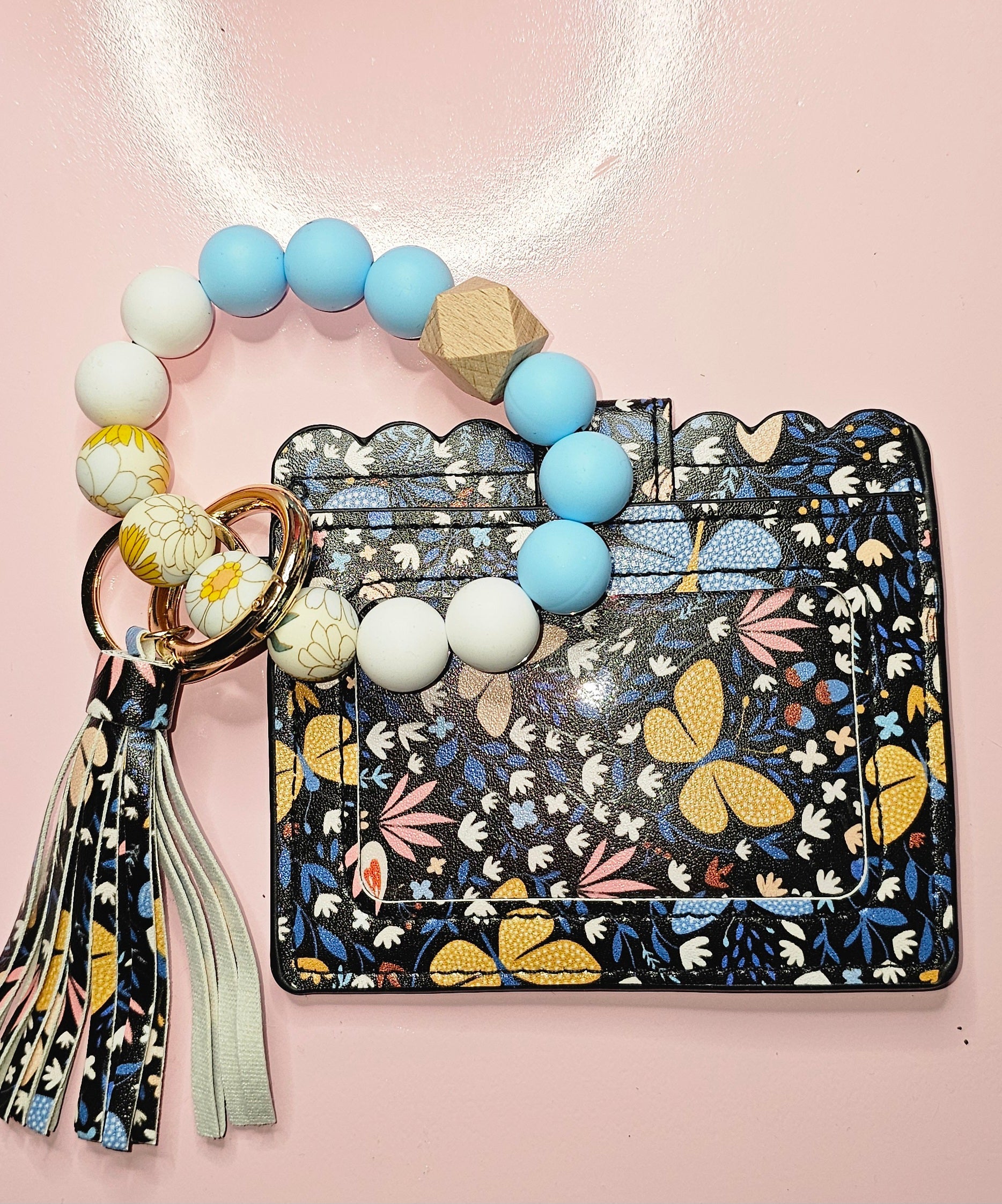 Blue/Flower and Butterflies wallet and silicone wristlet keychain (stretch cord) - TX Threads & Crafts