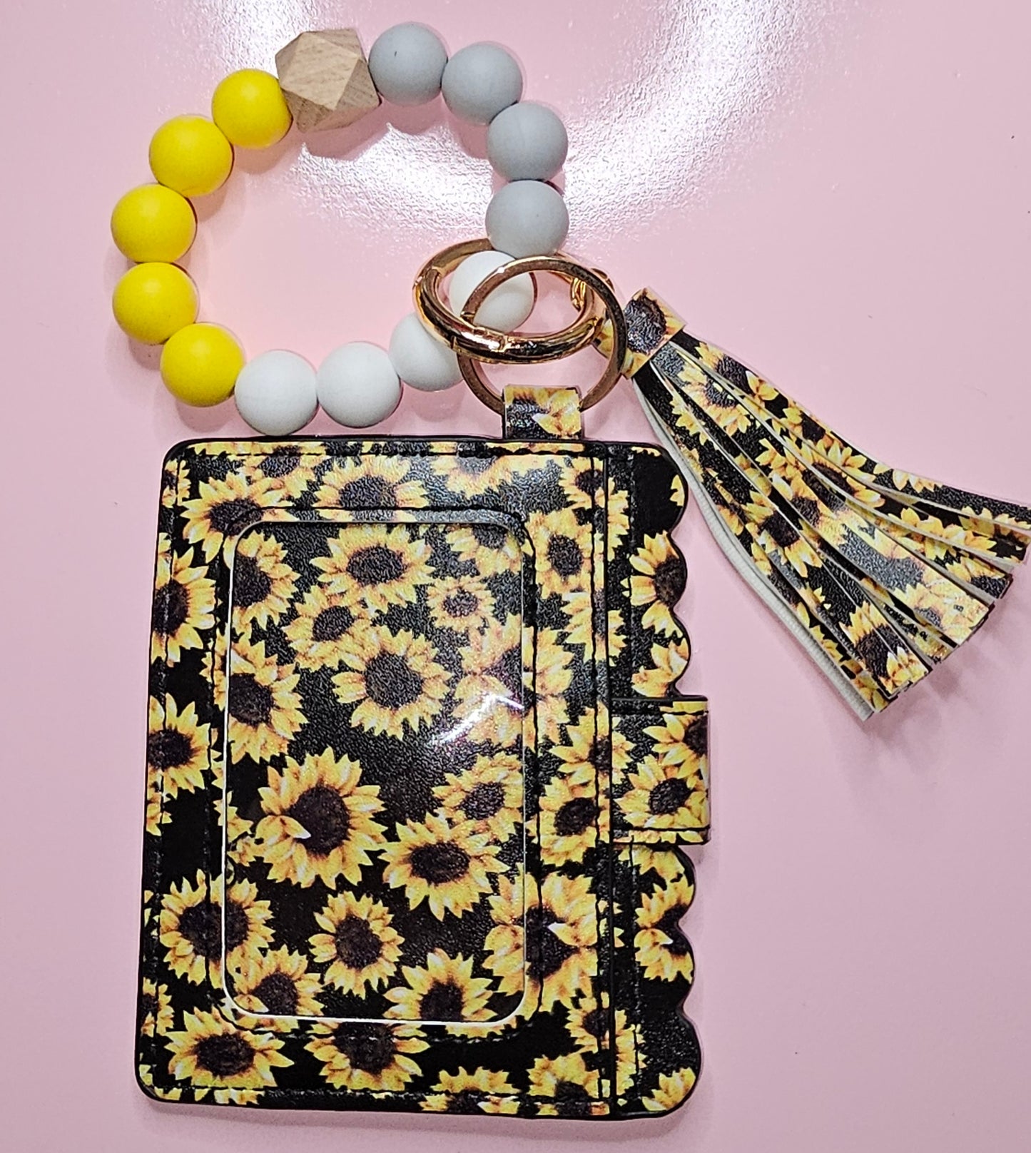 Sunflower wallet and silicone wristlet keychain (stretch cord) - TX Threads & Crafts