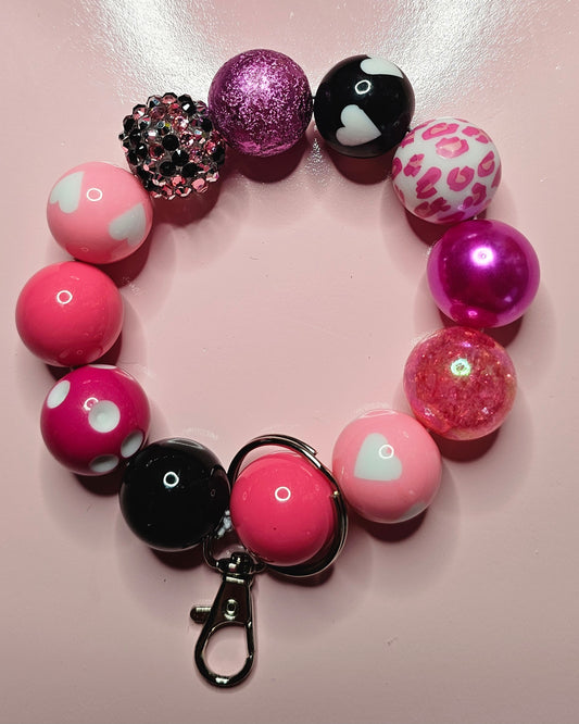 Hot Pink/Black 20mm bubblegum bead wristlet keychain (stretchable) - TX Threads & Crafts