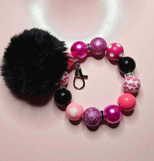 Hot Pink/Black 20mm bubblegum bead wristlet keychain (stretchable/with pompom) - TX Threads & Crafts