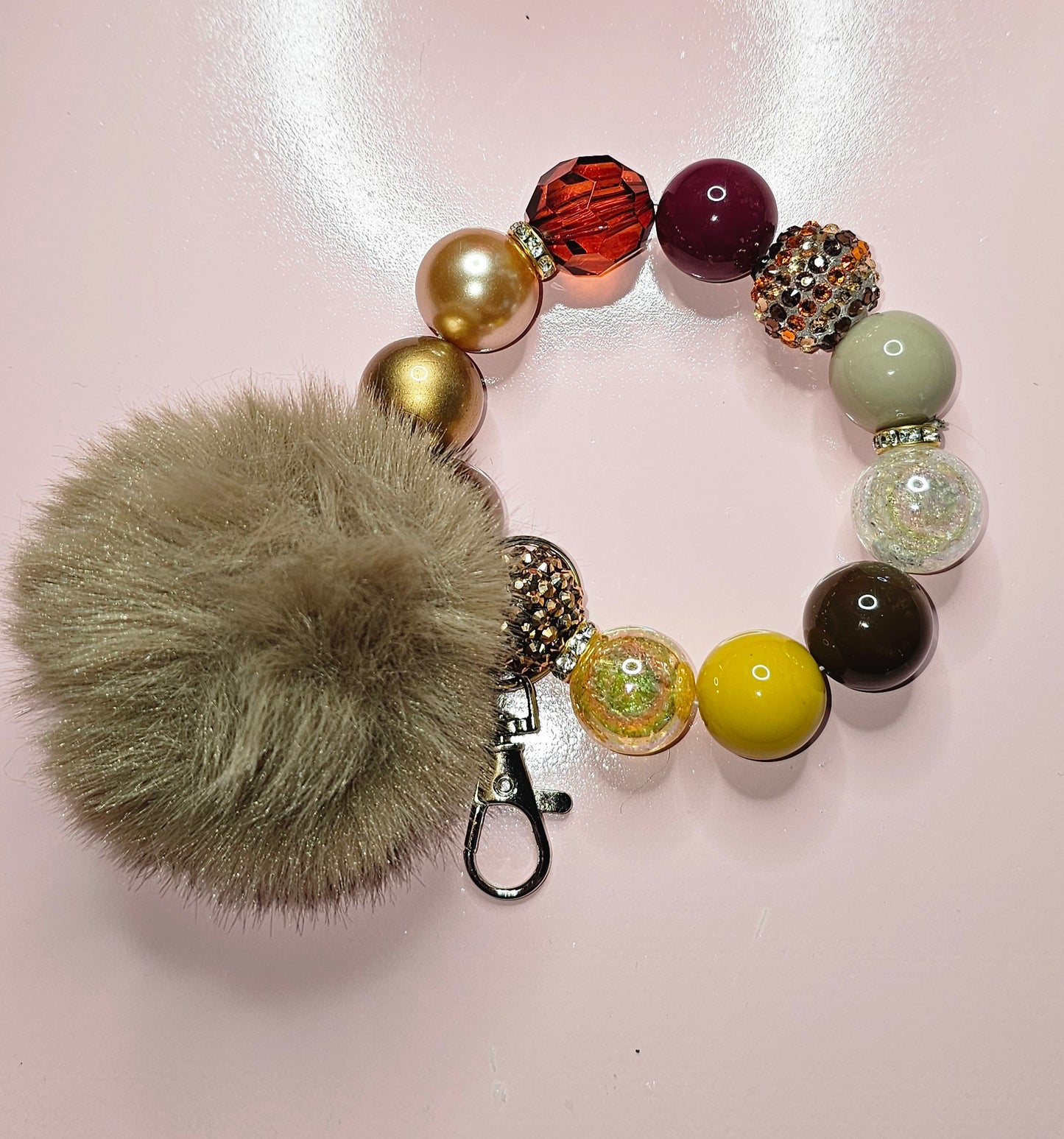 Fall themed 20mm bubblegum bead wristlet keychain (stretchable/with pompom) - TX Threads & Crafts