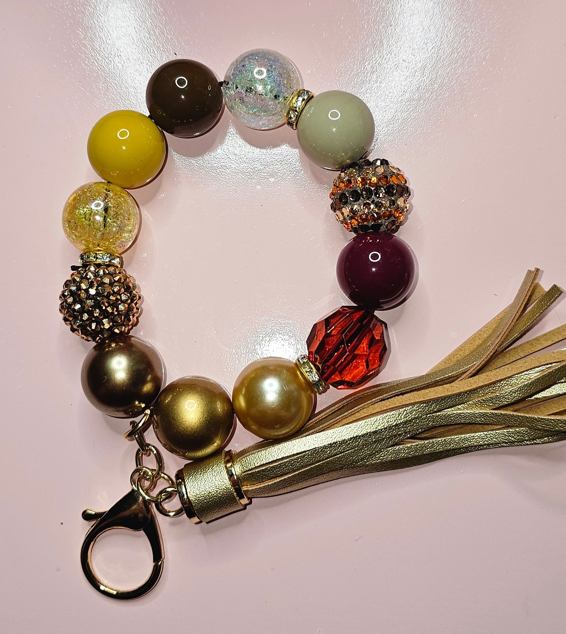 Fall themed 20mm bubblegum bead wristlet keychain (stretchable/with lg gold tassel) - TX Threads & Crafts