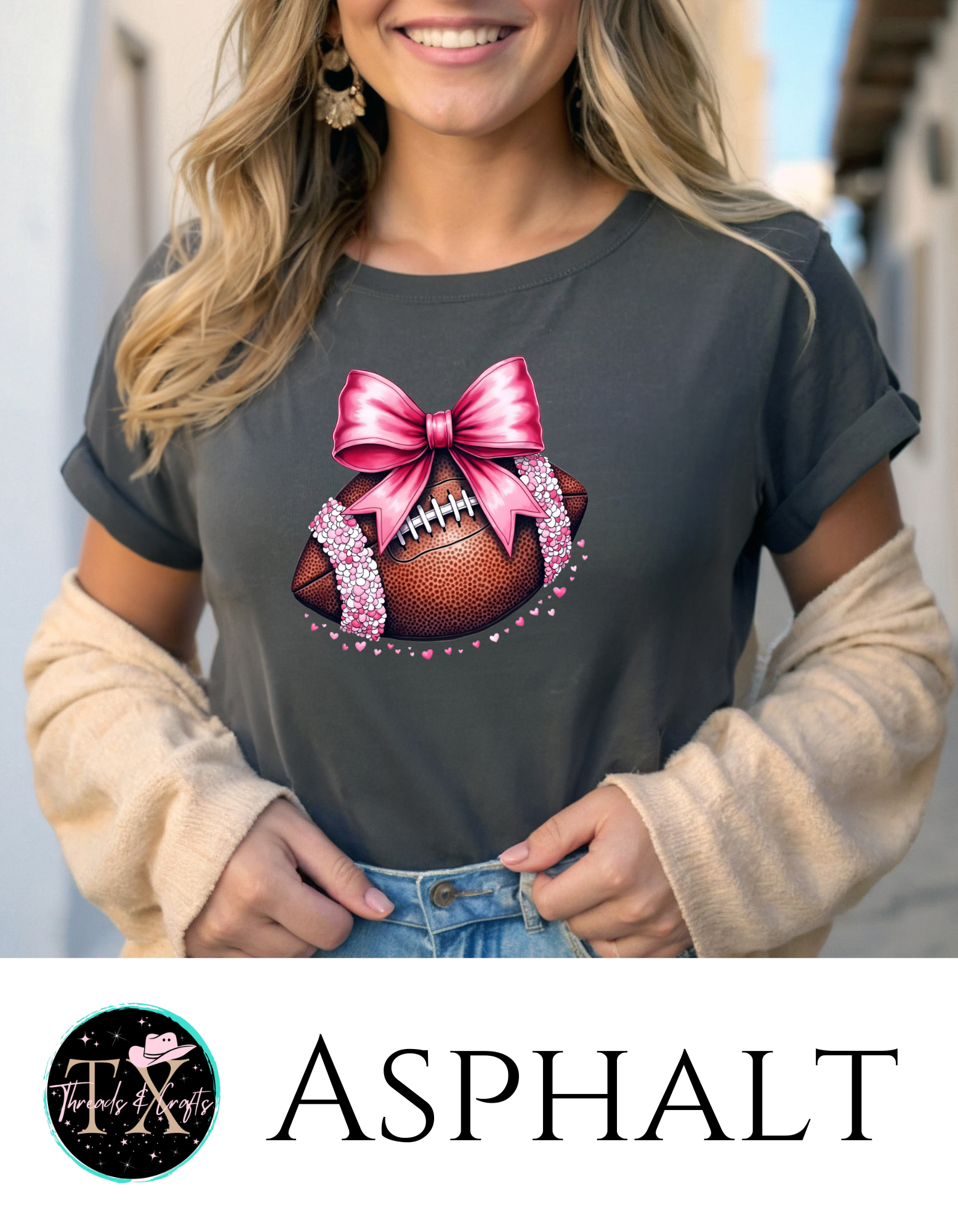 Pink Sequin Bow w/hearts football unisex tee - TX Threads & Crafts