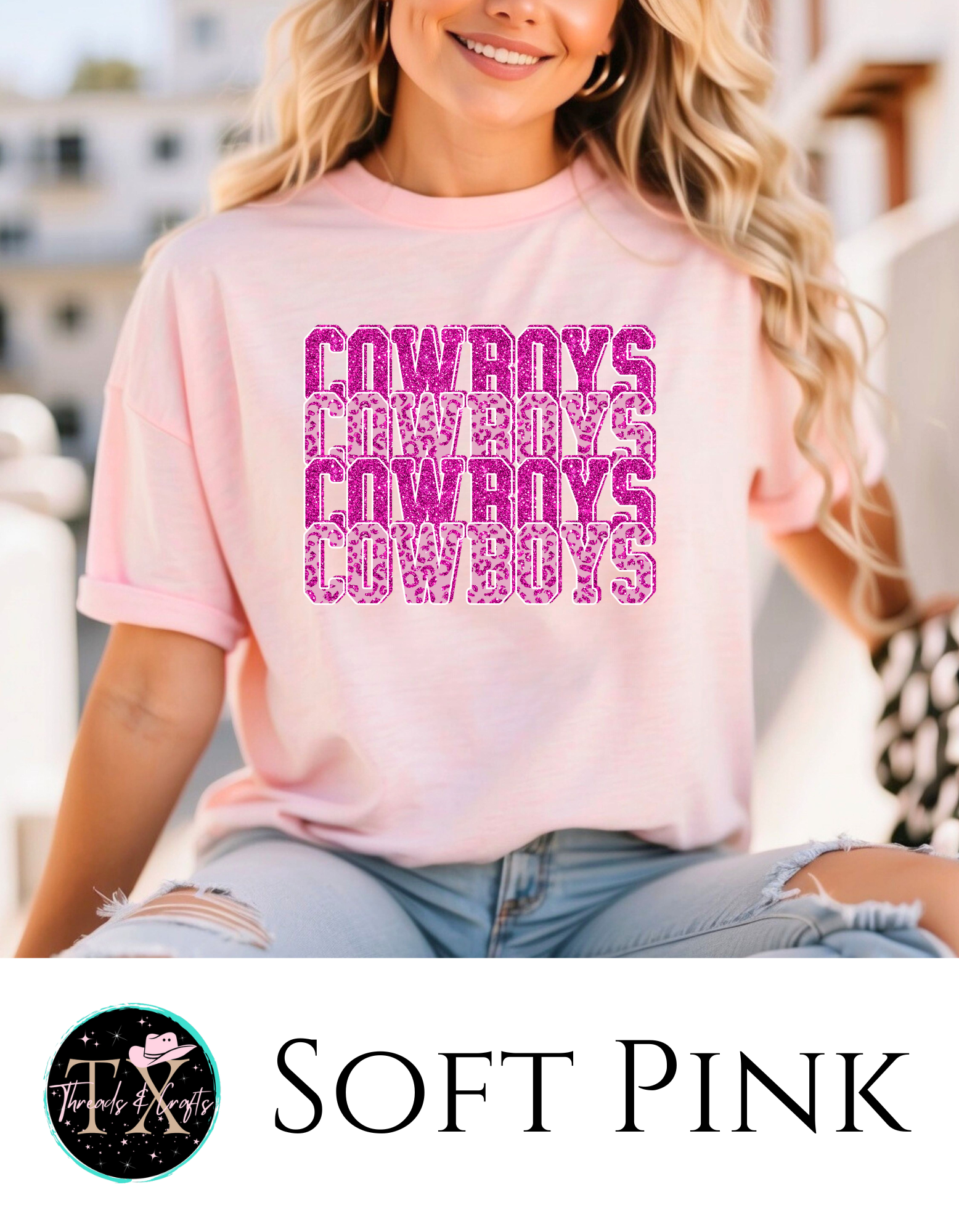 Pink Cowboys Stacked tee - TX Threads & Crafts