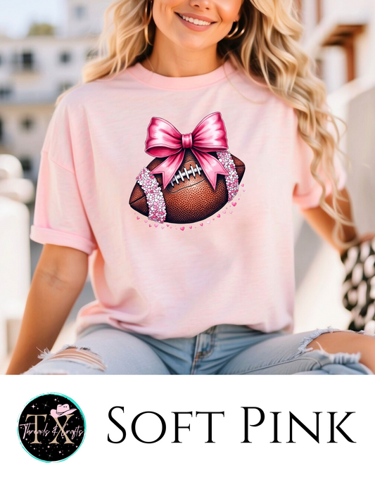 Pink Sequin Bow w/hearts football unisex tee - TX Threads & Crafts