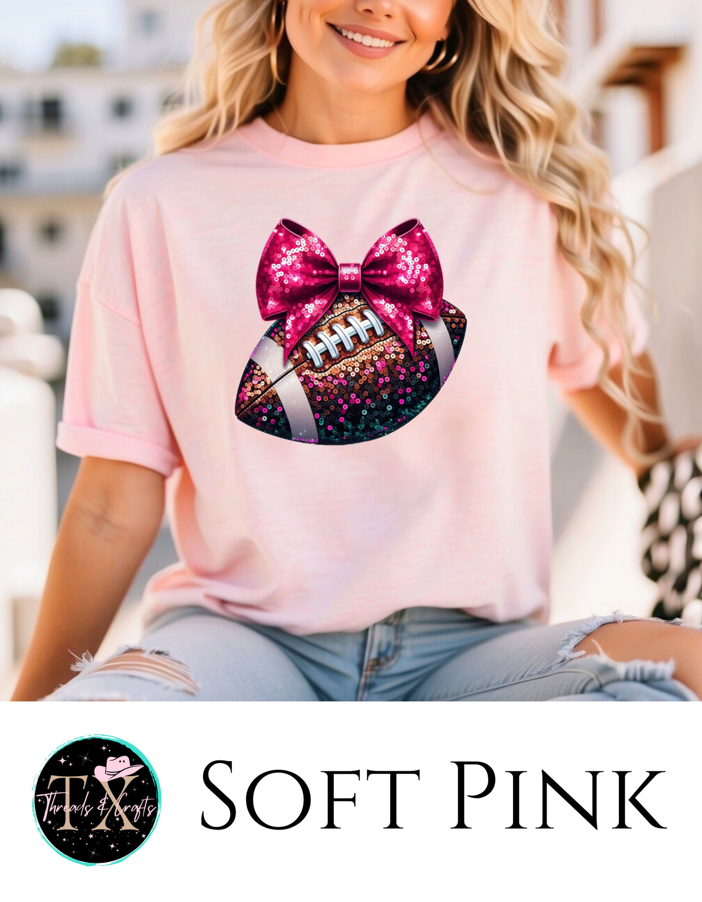 Hot Pink Sequin Bow and Football unisex tee - TX Threads & Crafts