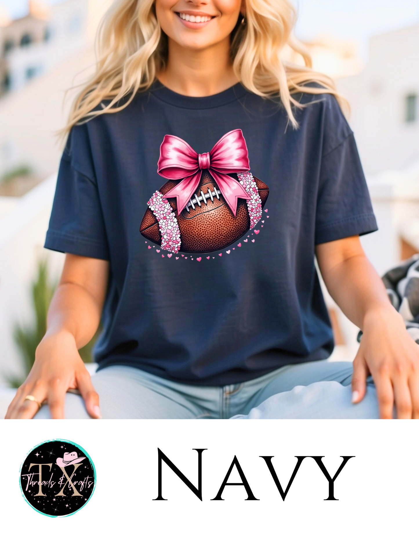 Pink Sequin Bow w/hearts football unisex tee - TX Threads & Crafts