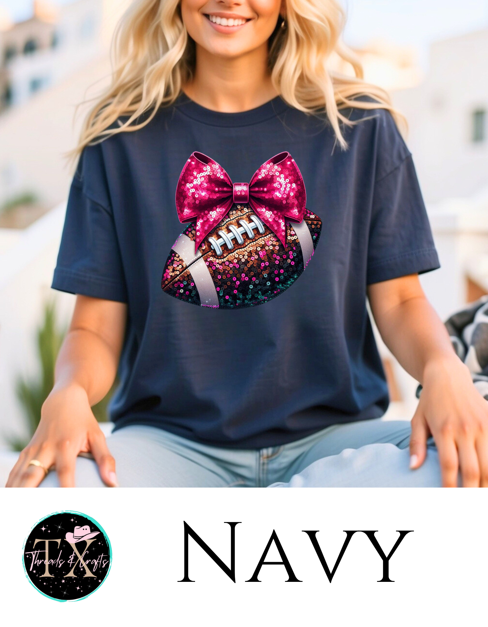 Hot Pink Sequin Bow and Football unisex tee - TX Threads & Crafts