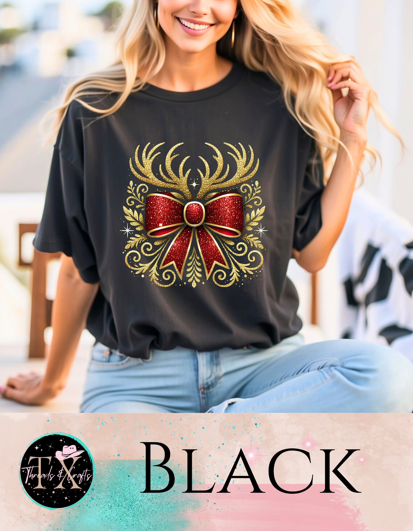 Gold glitter antlers with bow (unisex tshirt)