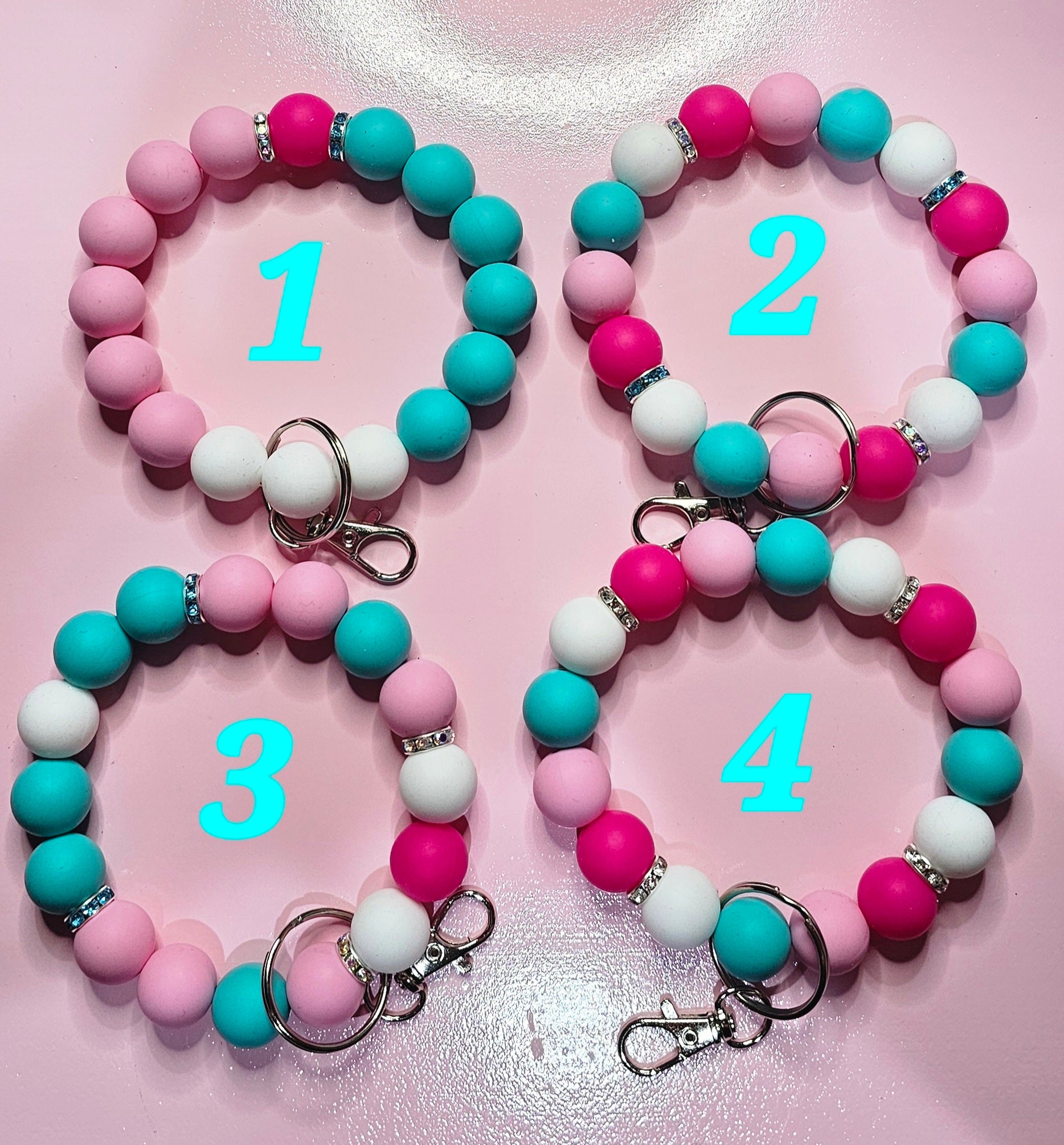 Pretty pink/turquoise silicone wristlets (stretchable w/spacers) - TX Threads & Crafts