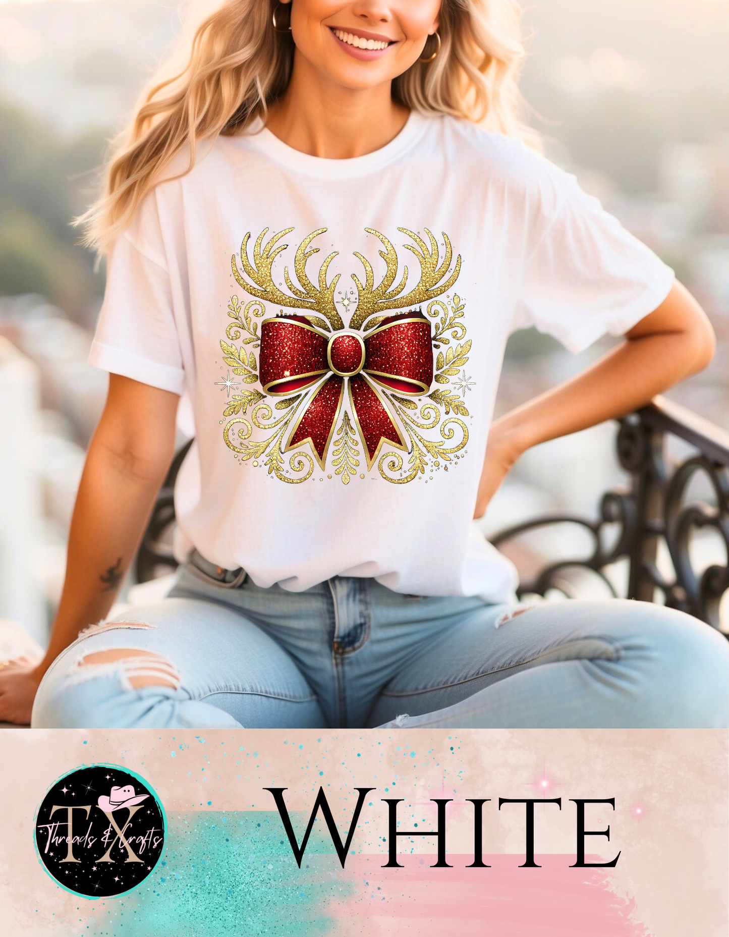 Gold glitter antlers with bow (unisex tshirt)