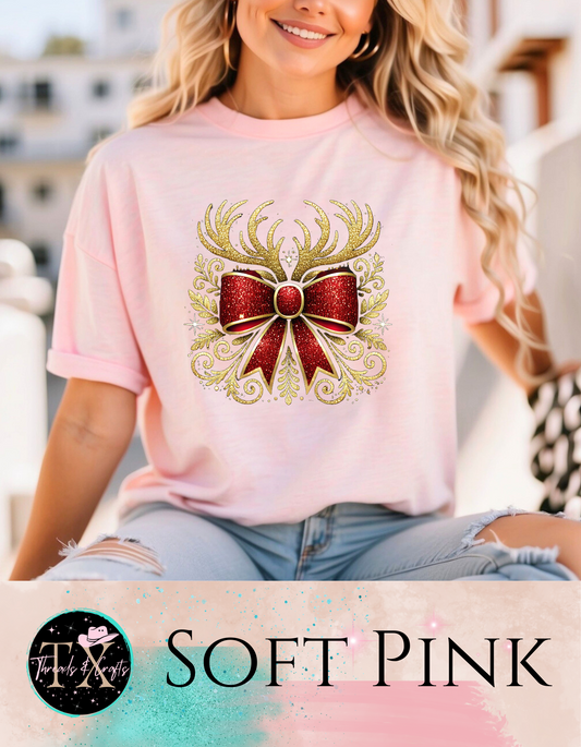 Gold glitter antlers with bow (unisex tshirt)