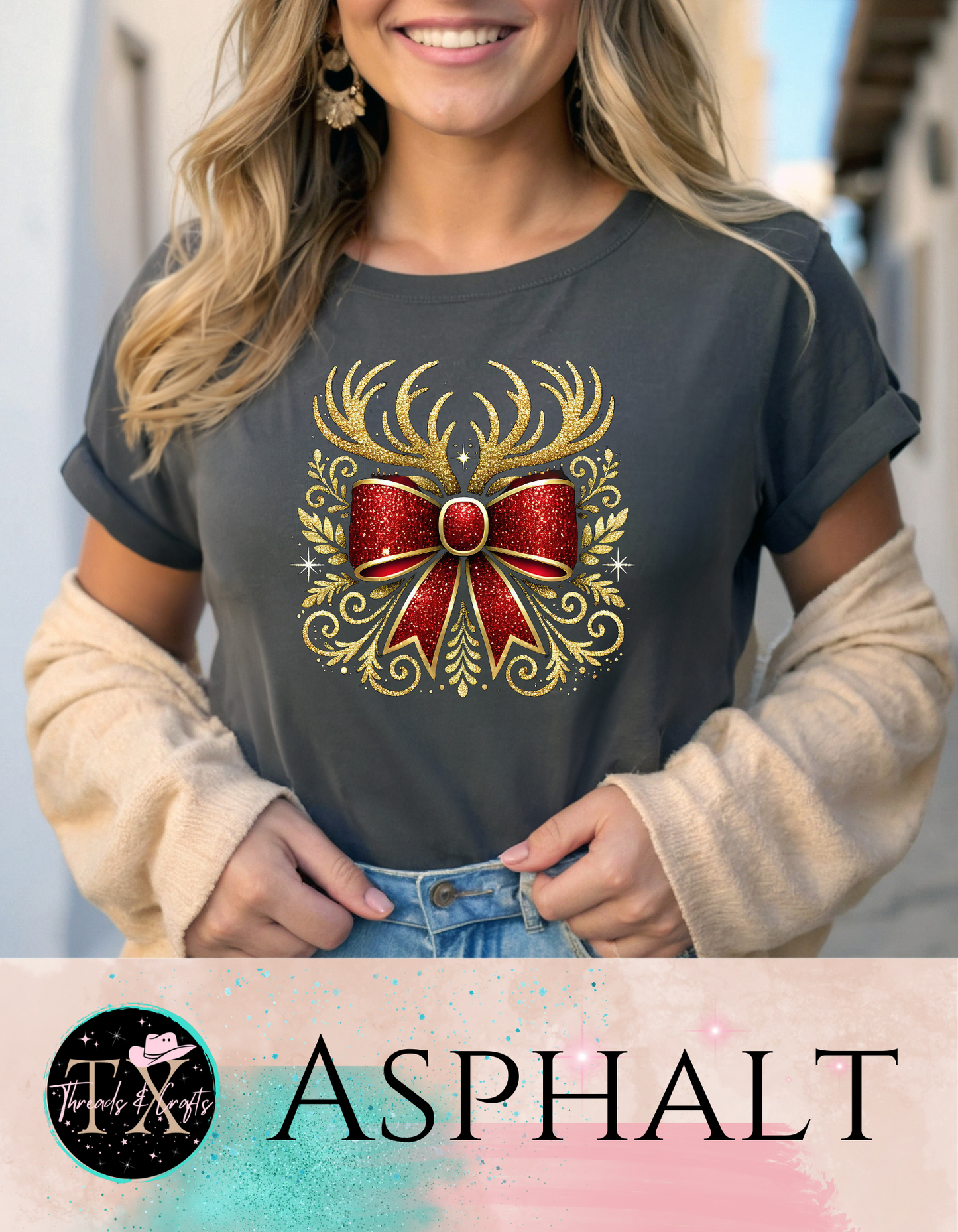 Gold glitter antlers with bow (unisex tshirt)