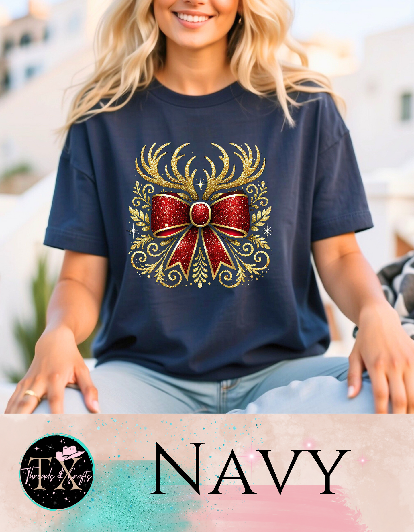 Gold glitter antlers with bow (unisex tshirt)